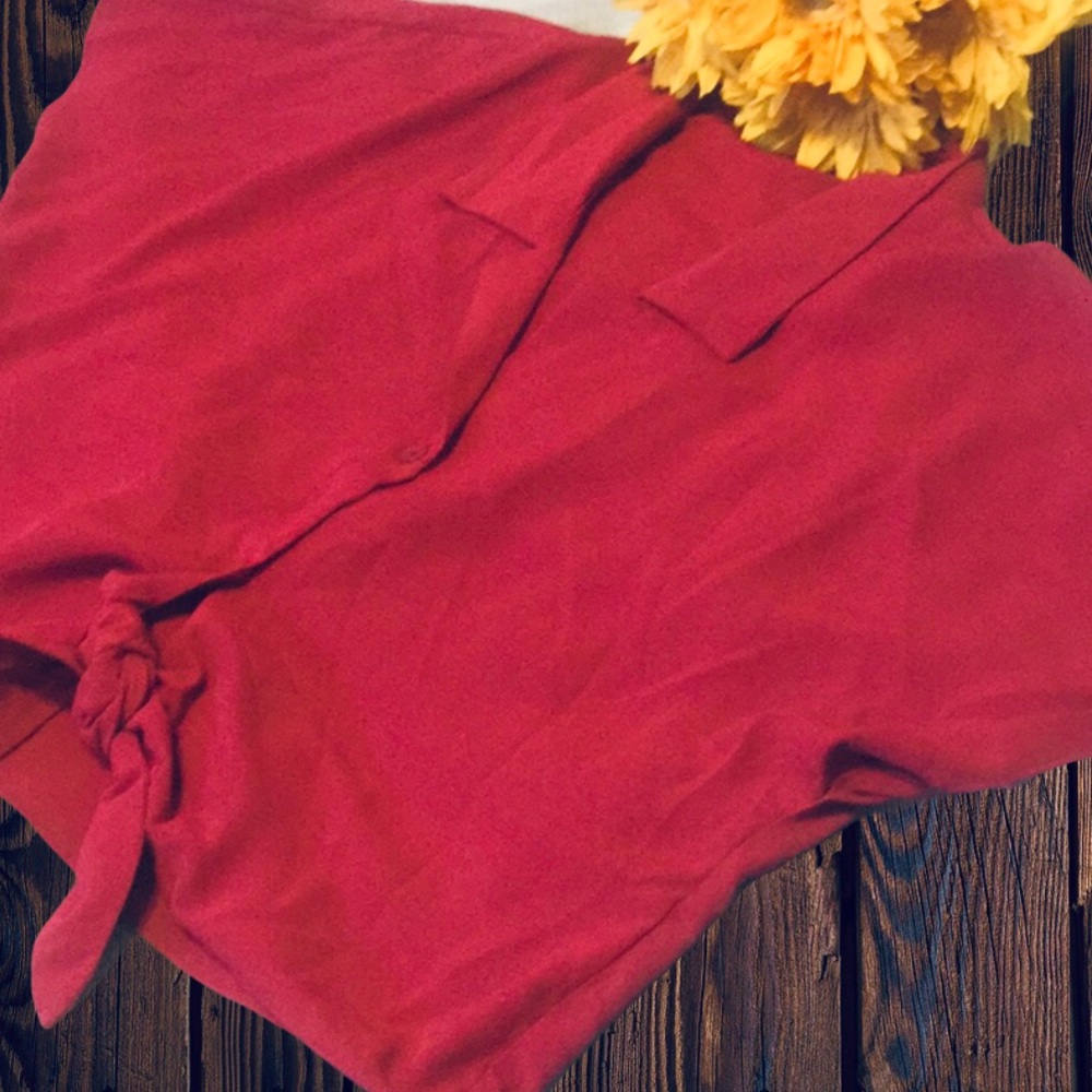 ❌DONATED❌Red Burgundy Knot Tie Button Down Collared V-neck Top - Picture 5 of 10